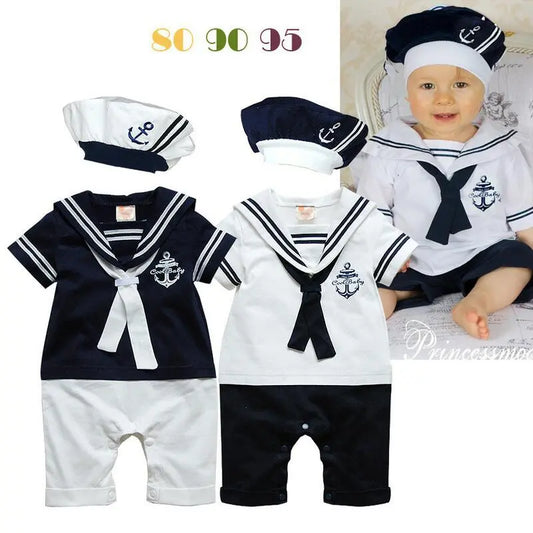 New Fashion Summer Newborn Navy Style Baby Romper Kids Boys Girls Sailor Jumpsuit+Hat 2Pcs Body Short-sleeve Anchor Printed Suit