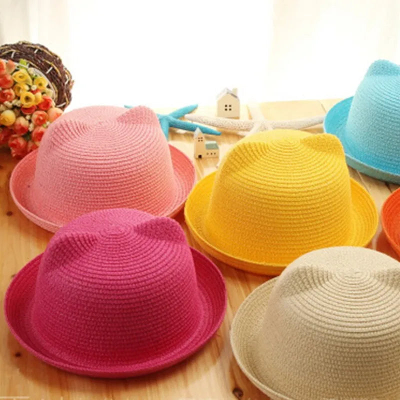 Summer Baby Straw Hat Kids Cat Ear Decoration Cute Beach Cap Girls Boys Solid Sun Hat baby muts