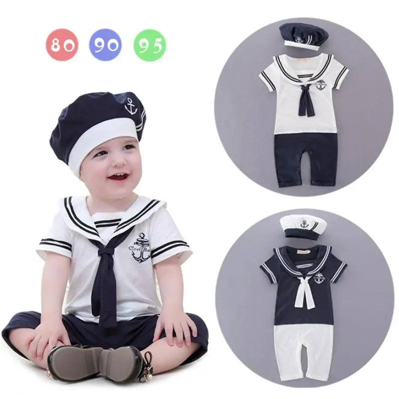 New Fashion Summer Newborn Navy Style Baby Romper Kids Boys Girls Sailor Jumpsuit+Hat 2Pcs Body Short-sleeve Anchor Printed Suit