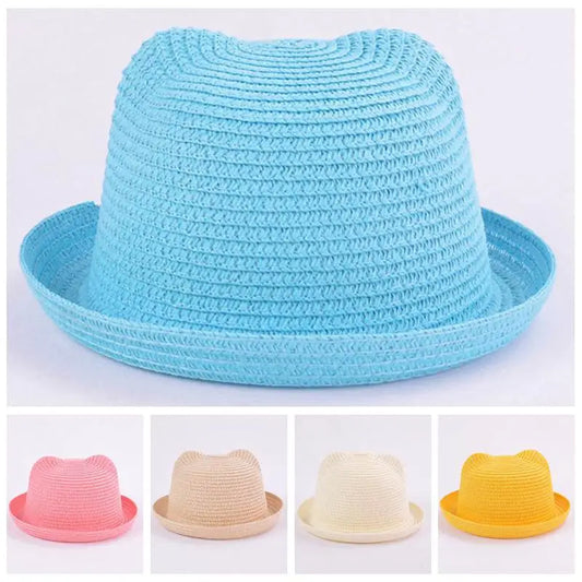 Summer Baby Straw Hat Kids Cat Ear Decoration Cute Beach Cap Girls Boys Solid Sun Hat baby muts