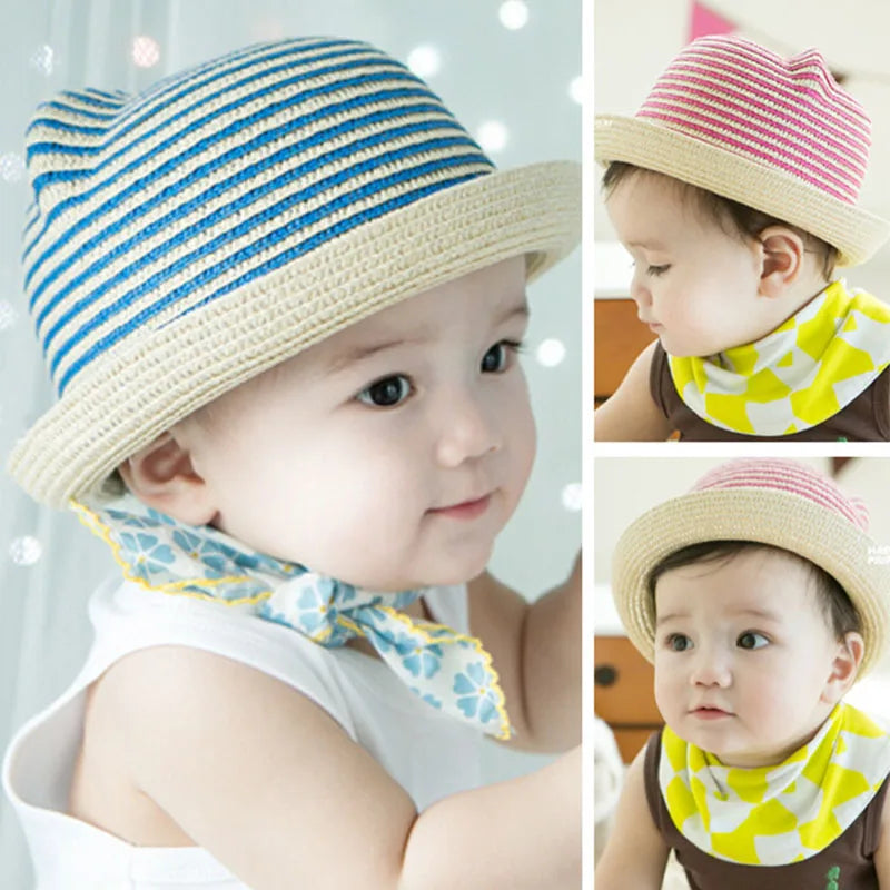 Summer Baby Straw Hat Kids Cat Ear Decoration Cute Beach Cap Girls Boys Solid Sun Hat baby muts