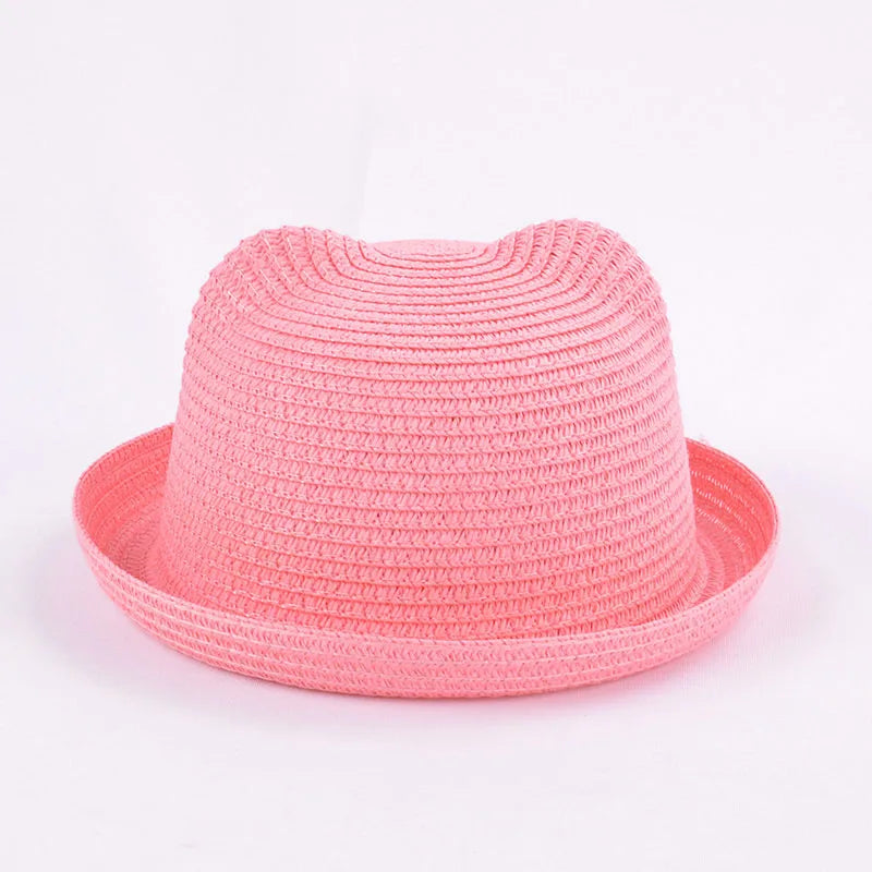 Summer Baby Straw Hat Kids Cat Ear Decoration Cute Beach Cap Girls Boys Solid Sun Hat baby muts