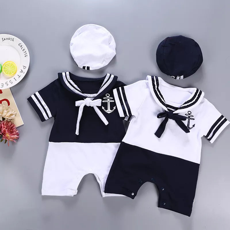 New Fashion Summer Newborn Navy Style Baby Romper Kids Boys Girls Sailor Jumpsuit+Hat 2Pcs Body Short-sleeve Anchor Printed Suit